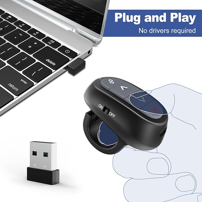 Presentation Clicker PowerPoint Wireless Presenter Remote: Laser Pointer Computer Clickers, Hyperlink Finger Ring Project Power Point PPT Clicker for Mac Laptop Office, Slideshow Google Slide Advancer