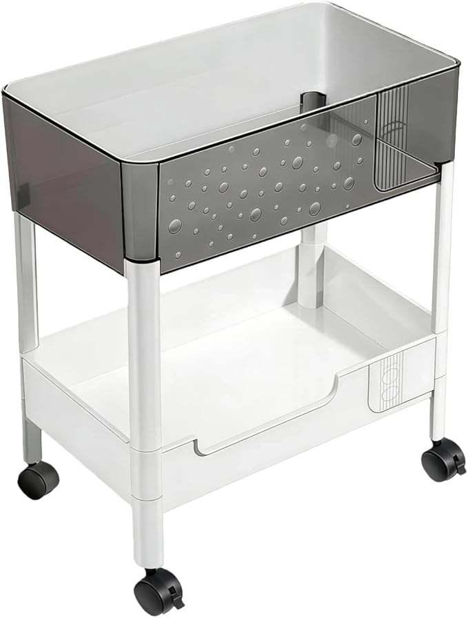 LiWNYRK 2 Tier Rolling Cart with Wheels for Under Desk Storage, Heavy Duty Plastic Short Small Utility Cart for Small Space Pantry Room Kitchen Laundry Bathroom, 4.7'' Deep Baskets for Tall Bottles