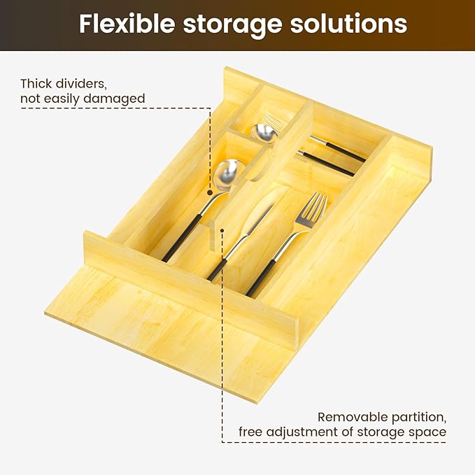 Evjocoh Silverware Drawer Organizer Wood with Adjustable Partition for Kitchen Utensil Cutlery Flatware Cabinet Storage Compartment Tray Insert with Dividers (13.2" W x 19.5" D x 2.5" H)
