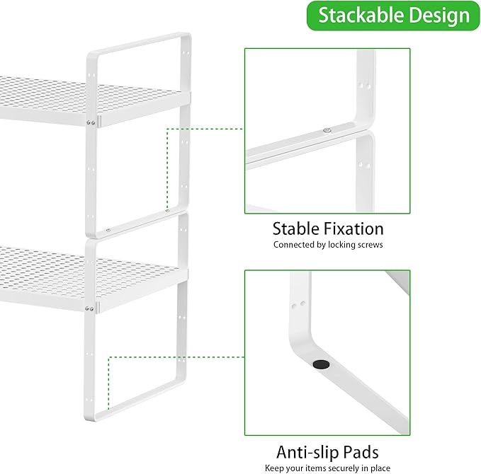 SOFRON Expandable Cabinet Storage Shelf Stackable Organizer Rack for Kitchen Bathroom Pantry Spice Cupboard Coffee Countertop Home Office Desk Heavy Duty Nonslip White Small 1 Pack