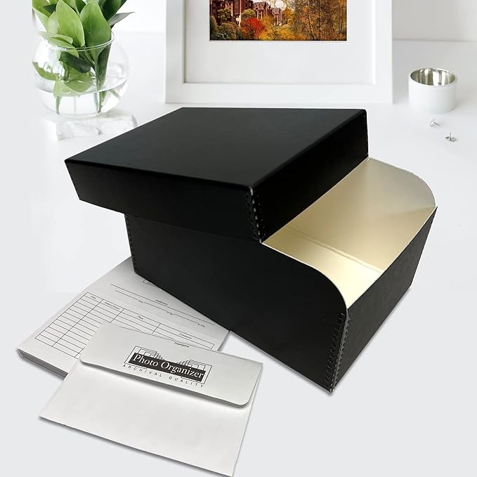 Lineco 4x6 Photo Storage Box, with 12 Acid-Free Envelopes, Holds Up to 1000 3.5" x 5", or 4" x 6" Pictures, Metal Edge Archival Organizer for Cards Stickers Stamps Seeds, 5.5x7.5x11. Black, 2 Pack