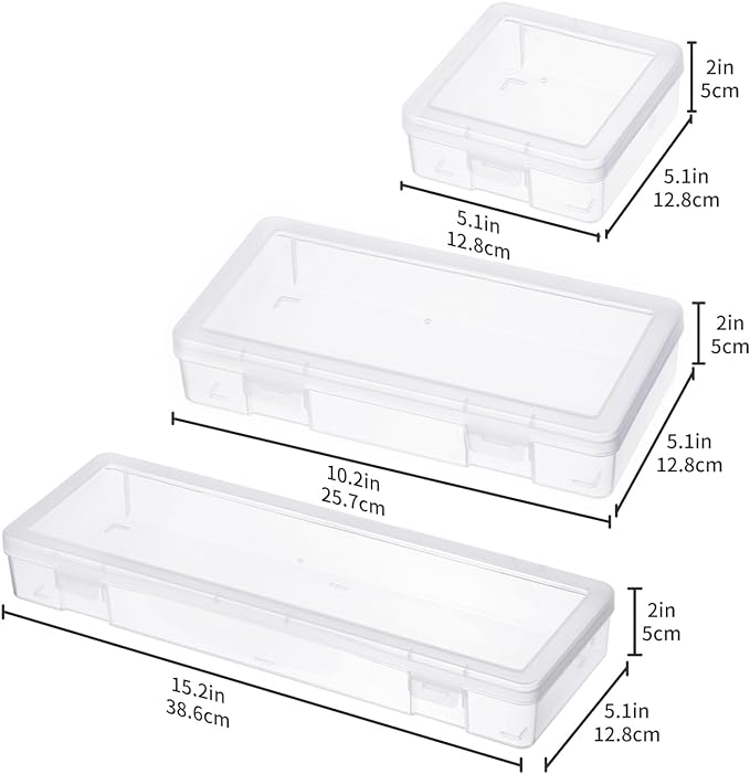 novelinks Stackable Plastic Clear Storage Box Containers with Latching Lid - Art Craft Supply Organizer Storage Containers for Pencil Box, Crayon, Beads (2 Small + 2 Medium + 2 Large -Clear)
