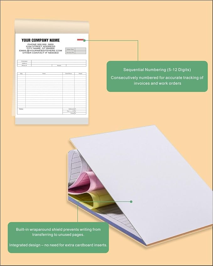 Custom Carbonless Invoice Book with Logo, Personalized Cover & Inner Pages, 2 Part NCR Receipt & Work Order Forms, Easy Tear, Writing Shield for Small Business (2-Part [White/Blue], 7.48 x 5.12INCH)