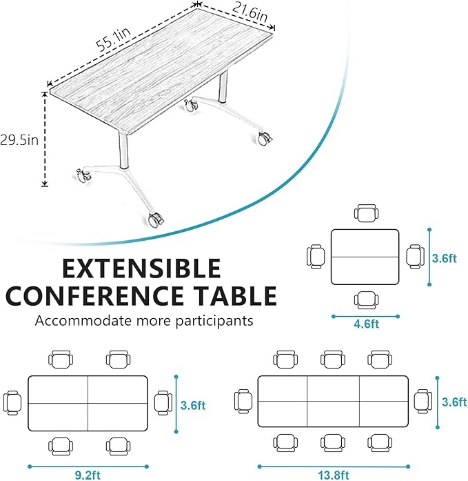 Goakwwuz Conference Room Table, Folding Conference Tables,Thicken Grey Tabletop,Flip Top Wooden Seminar Meeting Room Table for Conference Room Offices (8, Black+White, 55.1”)