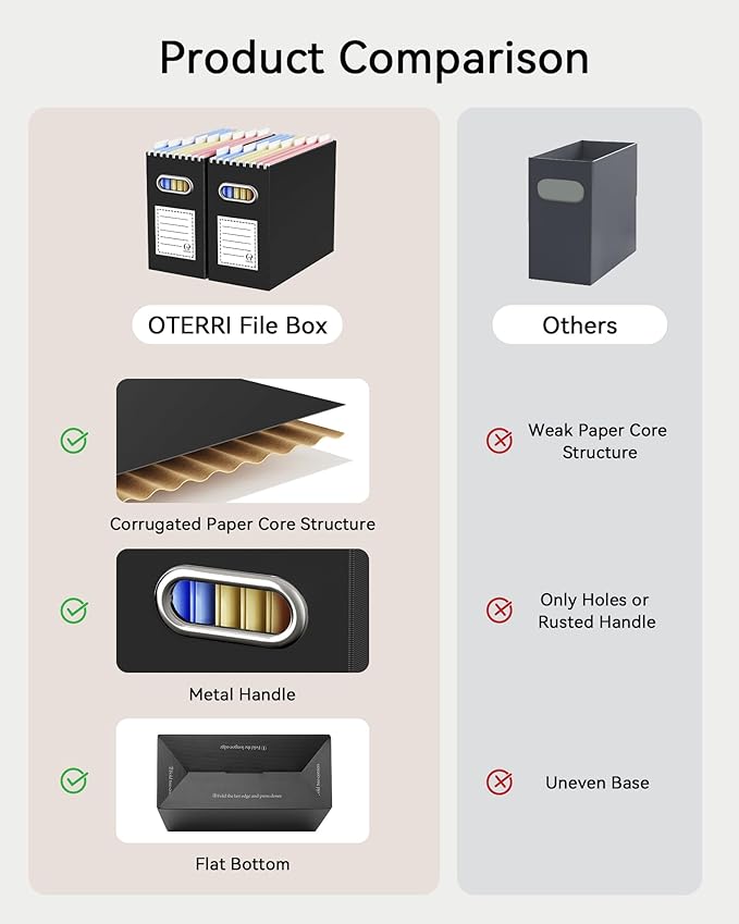 Oterri Cardboard File Organizer Box for Hanging File Folders Letter Size,File Box for Computer Desk,File Cabinet,Working Home,Office,Classroom (Black, Letter Size - 2 Packs)