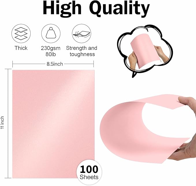 100 Sheets Pink Shimmer Cardstock 8.5 x 11 Iridescent Paper, Goefun 80lb Card Stock Printer Paper for Invitations, Valentines Day, Crafts, DIY Cards
