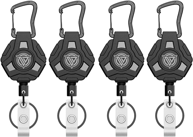 4 Pack Retractable Keychain Heavy Duty, Badge Reels Retractable, Tactical ID Badge Holder with Upgraded Zinc Alloy Carabiner, 31.5'' Coated Steel Cord, Bearing 8.0 oz