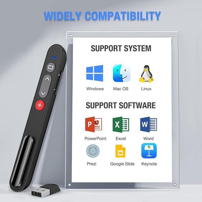 Presentation Clicker, Wireless Presenter Clicker with AAA Battery for PowerPoint Slide with Hyperlink & Volume Control, Presentation Remote for Mac/Computer/Laptop, Google Slide/PPT/Keynote