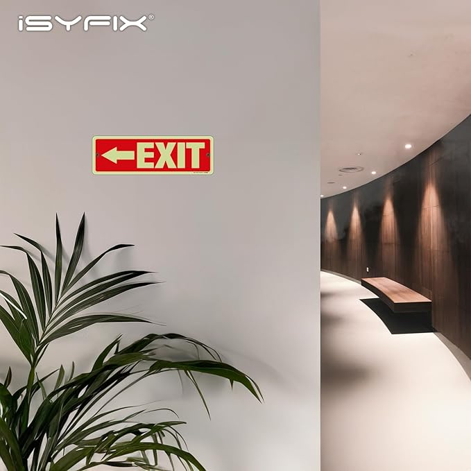 iSYFIX Exit Signs with Directional Left Arrow, Glow in the Dark, Photoluminescent Aluminum 12x4 Inch - 2 Pack, Laminated for UV & Weather Resistance, Ideal for Offices, Schools, Theaters & More