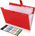 SKYDUE 8 Pockets Expanding File Organizer, Expandable File Folders with Pockets, Portable Document Paper Organizer, A4 Letter Size Filing Folder, Snap Closure, Red