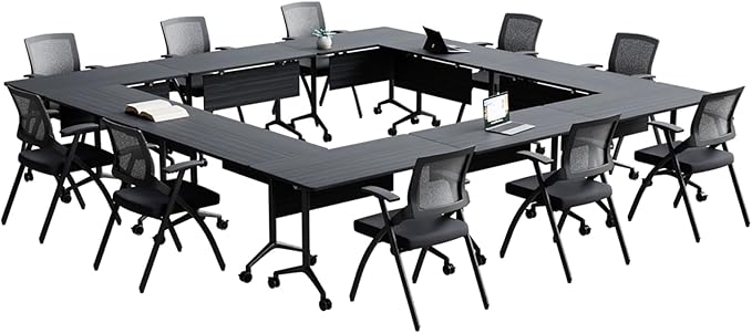 Goakwwuz Conference Room Table, Folding Conference Tables,Thicken Grey Tabletop,Flip Top Wooden Seminar Meeting Room Table for Conference Room Offices (2, BlackWoodGrain, 55.1”)