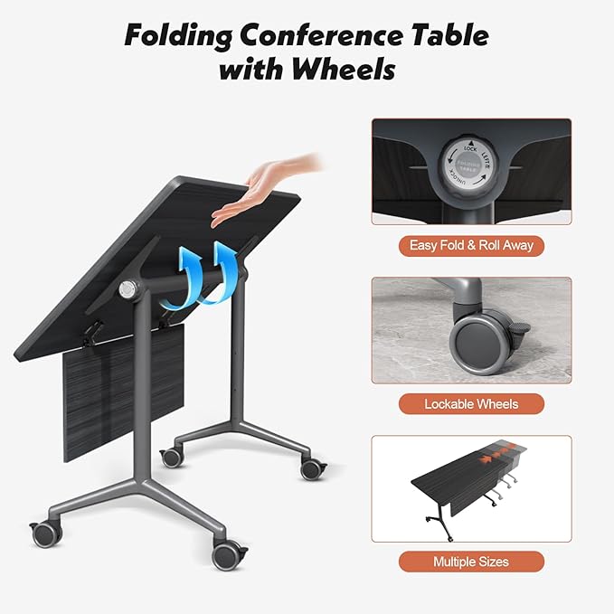 Goakwwuz Conference Room Table, Folding Conference Tables,Thicken Grey Tabletop,Flip Top Wooden Seminar Meeting Room Table for Conference Room Offices (8, BlackWoodGrain, 70.8”)