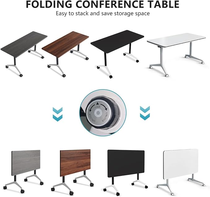 Goakwwuz Conference Room Table, Folding Conference Tables,Thicken Grey Tabletop,Flip Top Wooden Seminar Meeting Room Table for Conference Room Offices (2, Black+White, 55.1”)