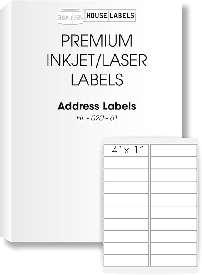 HOUSELABELS 20-up Shipping Labels (4" x 1") for Laser and Inkjet Printers, 500 Sheets