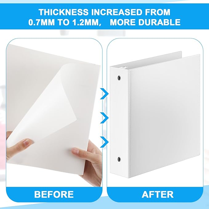 Henoyso 12 Pcs 3 Ring 2 Inch Binders Fits 8.5 x 11 Inch Letter Size Paper, Plastic White Flexible Binders with View Cover and 2 Pockets, 375 Sheets Capacity for Office School