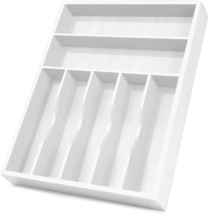 Bellsal White Utensil Organizer 12.5 Inch Silverware Tray for Drawer Utensil Holder Cutlery Organizer Kitchen Drawer Organizer 7 Compartment Small Narrow Bamboo