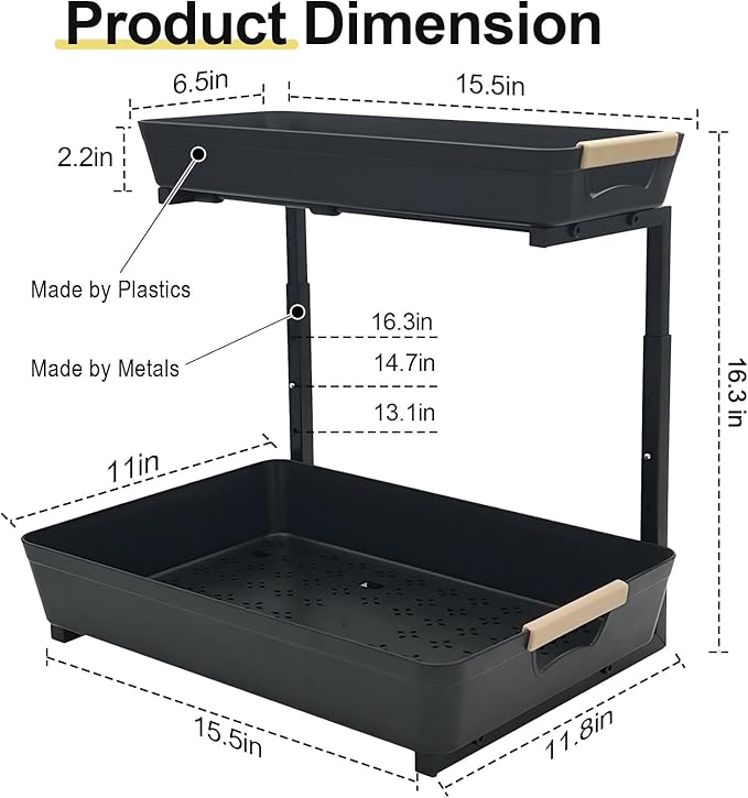 AMEDELE 2 Pack Under Sink Organizer,2 Tier Pull Out Adjustable Height Under Cabinet Storage,Under Sink Storage for Kitchen Bathroom Cabinet