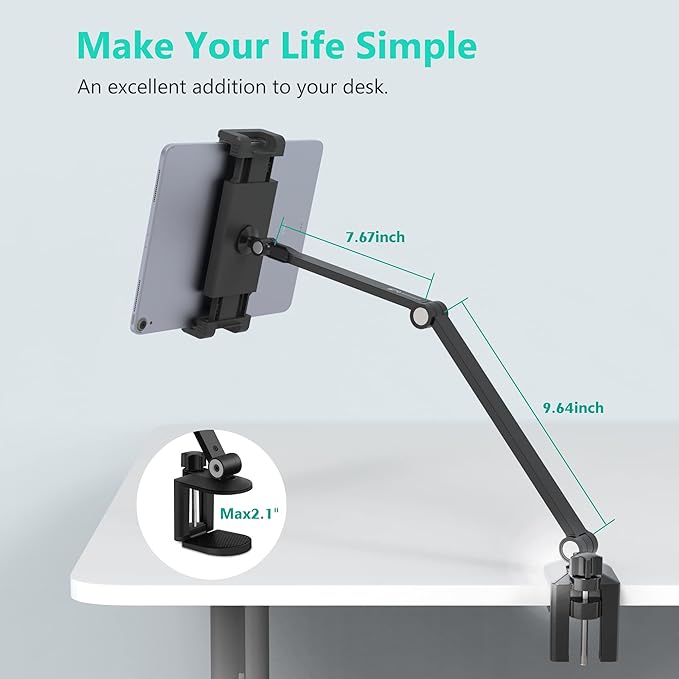 iPad Desk Mount, Adjustable Tablet Holder Clamp, 360 degree Rotation, Sturdy Aluminum Tablet Arm Mount for 4.7"-13" iPad Pro/Air/Mini, iPhone, Galaxy Tab, for Kitchen, Work, Video Call(Black)