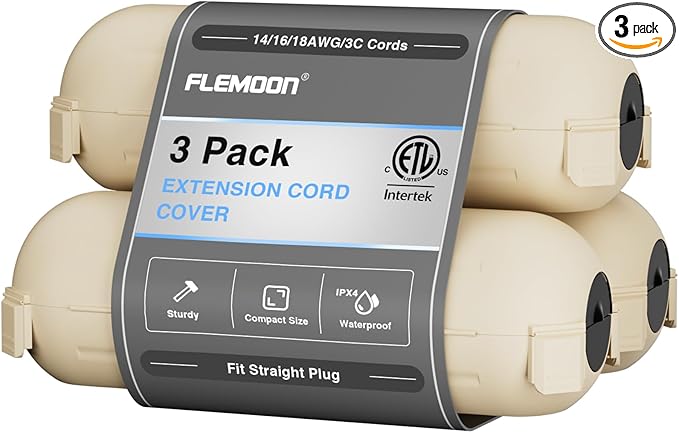 Flemoon [3 Pack] Outdoor Extension Cord Cover Waterproof, Weatherproof Electrical Connection Box for Straight Plug, Outlet, Socket, Halloween, Christmas Holiday Decoration String Light, Almond