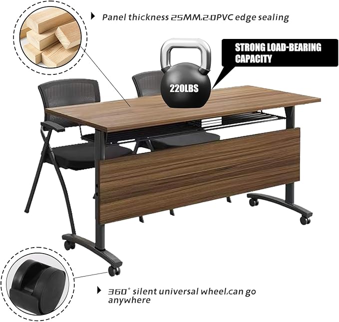 LKATOR Conference Table,Folding Office Tables with Wheels,Large Conference Meeting Room Tables for 10-12 People,Mobile Training Seminar Table with Flip Top,Modular Meeting Table for Office (55.1in) ﻿
