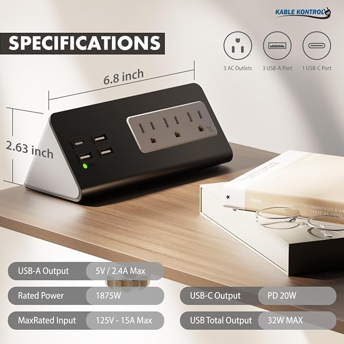 Kable Kontrol Desk Clamp Power Strip with USB-C Port, Nightstand Charging Station, 3 AC Outlets, 3 USB-A Ports, Fast Charger, Easy Installation for Home, Offices, Hotels – 4.9 Ft, Black, 5 Pcs