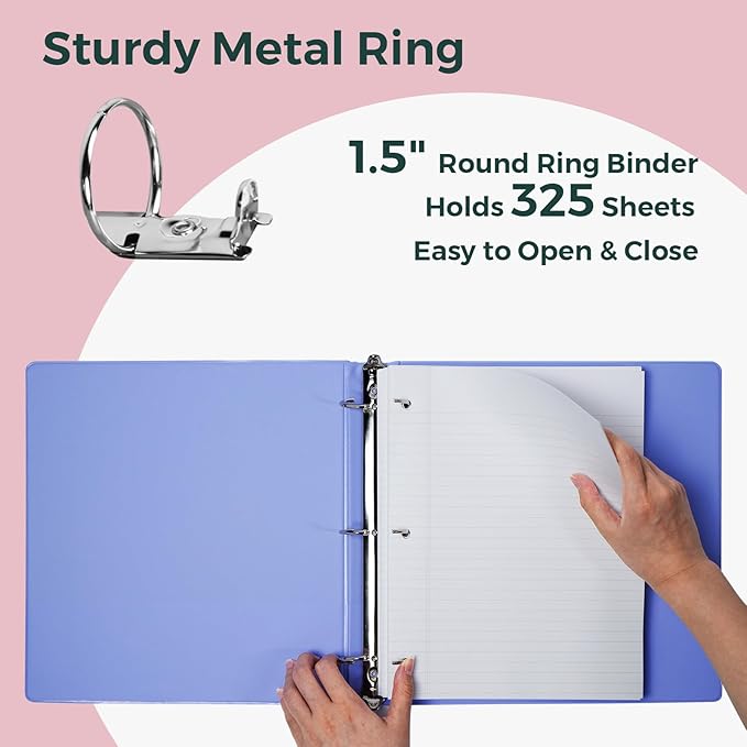 POPRUN 3 Ring Binder 1.5 Inch, PVC-Free, Holds 325 Sheets of 8.5 x 11 Paper, Extra Durable Organizer with 2 Pockets for School & Office, Heavy-Duty, 2 Pack, Cornflower Purple