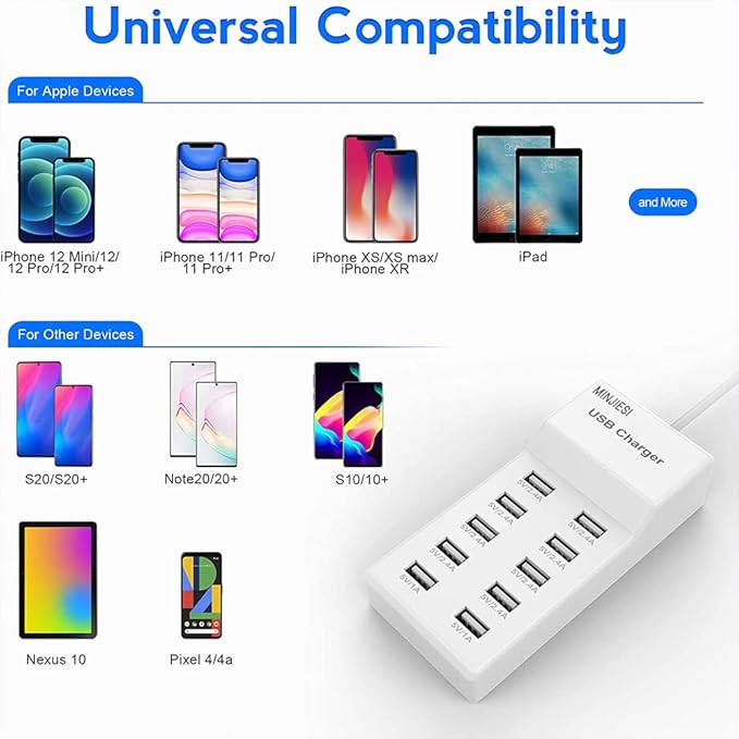 USB Charging Stations 50w10A 10 Ports Multiple Charging Block/Power USB Strip for iPhone Android Smartphone Tablet Smart Watch AirPods Samsung and Multiple Charger Plug…