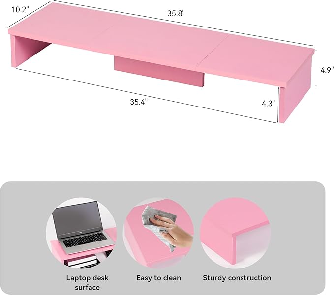 Qupui Dual Monitor Stand Riser, Large Computer Monitor Stand for Desk, Monitor Riser for 2 Monitors, Wood Desk Shelf for Top of Desk, Desktop Organizer for Computer, Laptop, Printer, TV, Pink