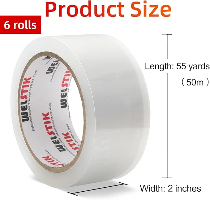 WELSTIK 3" Core, 6 Pack 2.4Mil 2 inch x 60 Yards Heavy Duty Clear Packing Tape with Dispenser, Industrial Shipping Box Transparent Packaging Tape for Moving, Office, Home