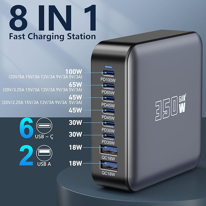 350W USB Fast Charging Station, 8 Port USB C Multi Port Charger Block with PD 100W Fast Charging Station for Multiple Devices, USB Charger Block Compatible iPhone, Android Cell Phone, Tablet, iPad