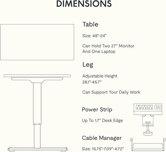 FLEXISPOT EN2 Whole-Piece Standing Desk with Clamp Power Strip, 48 x 24'' Electric Stand Up Height Adjustable Desk with Cable Management (Black Frame + 48" Maple Desktop, 2 Packages)