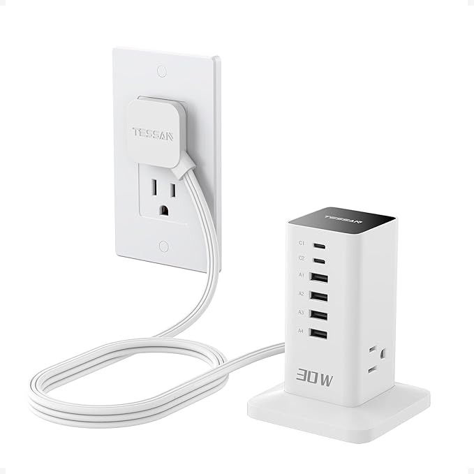 Charging Station 30W, TESSAN 9-in-1 Charger Blocks for iPhone 17/16/15/14, Tablets, Earphone with Surge Protector, 5ft Flat Extension Cord with 4 USB A, and 2 USB C for Home, Office, Drom, White