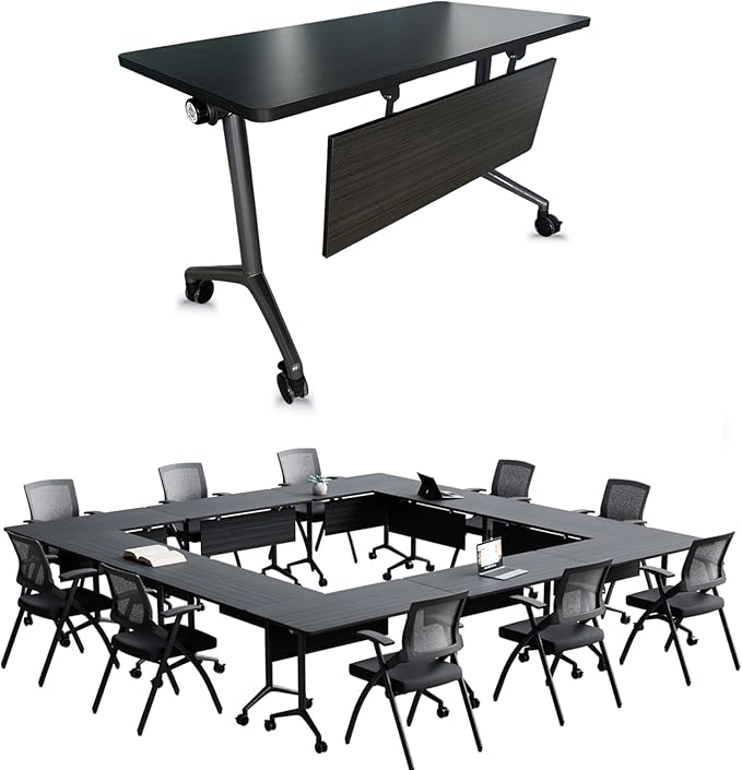 Goakwwuz Conference Room Table, Folding Conference Tables,Thicken Grey Tabletop,Flip Top Wooden Seminar Meeting Room Table for Conference Room Offices (2, BlackWoodGrain, 61.0“)