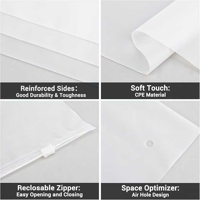 Svaldo Clothing Bags, 100 Count 20x24 inch Jumbo Extra Large Frosted Zipper Plastic Bags for Clothes, Sweater Dress, Backpack, Blanket, T Shirt Packaging Shipping, 3 Mil, with Vent Holes