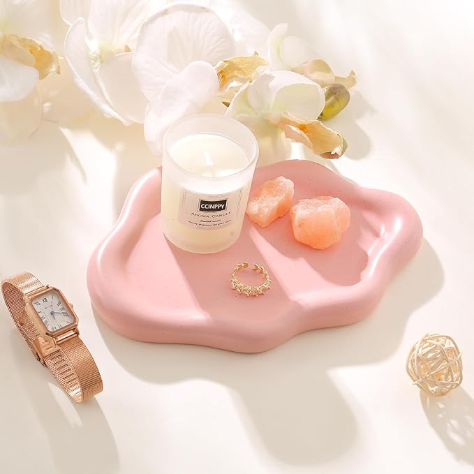 CCINPPY Ceramic Jewelry Tray Trinket Dish, Decorative Cloud Vanity Key Tray for Women, Ring Holder Dish, Cute Jewelry Plate Bowl Room Decor Aesthetic, Pink, Medium