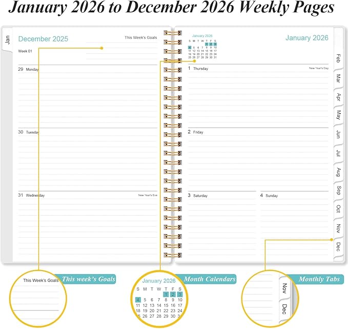 2026 Planner - Planner 2026 from January 2026 to December 2026, Weekly & Monthly Planners Spiral Bound with 12 Monthly Tabs, Inner Pocket, 6.4" x 8.5", Beige