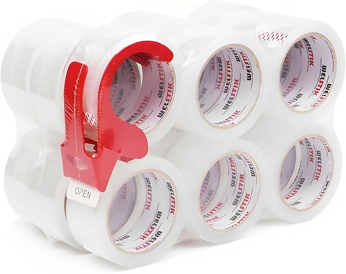 WELSTIK 18 Pack Clear Packing Tape Refills with 1 Dispenser, Heavy Duty Packaging Tape for Shipping and Moving, 2.4Mil 2 Inch x 60 Yard