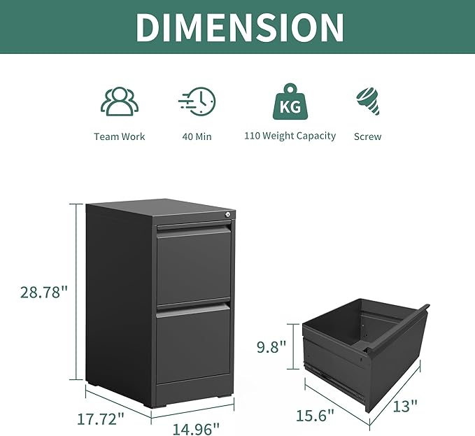 FLIXELIO 2 Drawer File Cabinet with Lock,Metal Vertical Filing Cabinets for Home Office,Heavy Duty File Storage Cabinet for Letter/Legal/A4/F4 Size File,Assembly Require (Black, Vertical 2 Drawer)