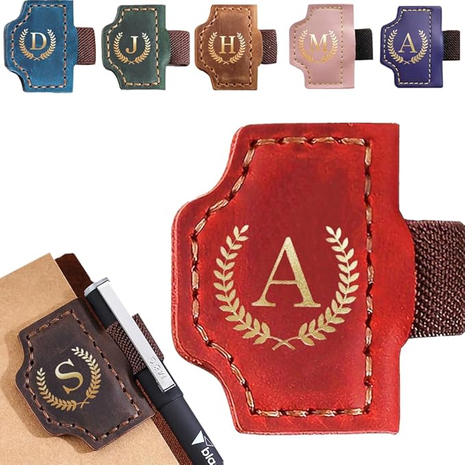 Personalized Mark Bookmark with Pen Holder, Leather Magnetic Book Marker 26 Letters,Custom Initials Page Marks, Gifts for Book Lovers Readers Men Women (Red, A)