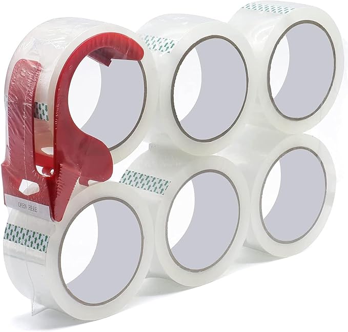 WELSTIK 3" Core, 6 Pack 2.4Mil 2 inch x 60 Yards Heavy Duty Clear Packing Tape with Dispenser, Industrial Shipping Box Transparent Packaging Tape for Moving, Office, Home