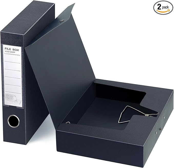 HUA JIE 2 Pack A4 Storage File Boxes Archives Case,65mm Spine,Box File Document Storage Box with Metal Clip for Office School -Black