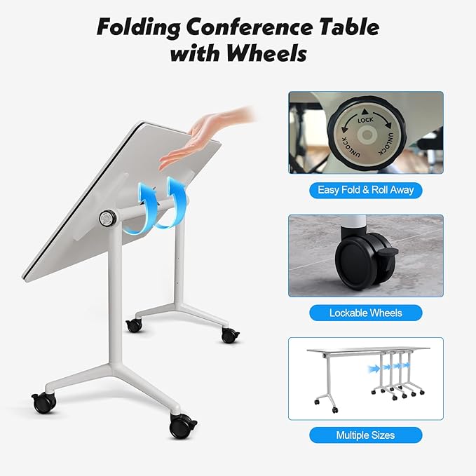 Goakwwuz Conference Room Tables Folding Conference Table Modular White Training Tables with Wheels, Large Flip Top Table for Office,Classroom,Meeting Room(4, White, 55.1”)