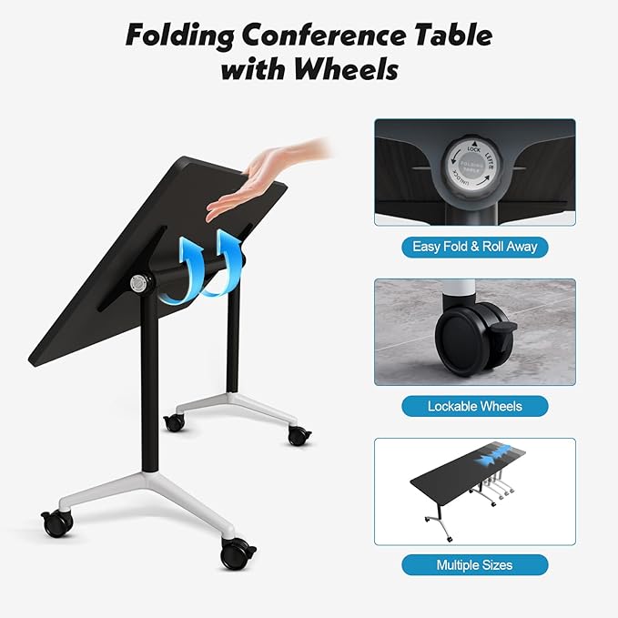 Goakwwuz Conference Room Table, Folding Conference Tables,Thicken Grey Tabletop,Flip Top Wooden Seminar Meeting Room Table for Conference Room Offices (6, Black, 55.1”)
