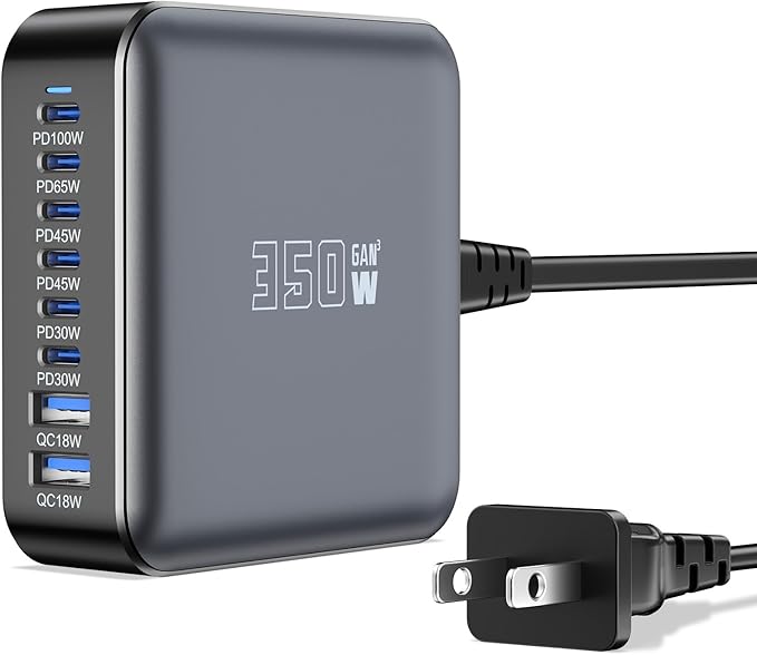 350W USB Fast Charging Station, 8 Port USB C Multi Port Charger Block with PD 100W Fast Charging Station for Multiple Devices, USB Charger Block Compatible iPhone, Android Cell Phone, Tablet, iPad
