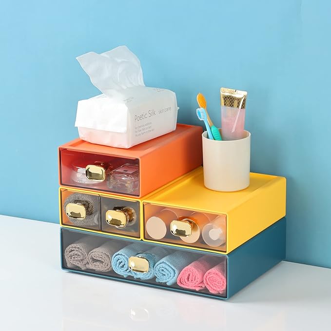 Spacious Desk Drawers, Stackable Desktop Organizer, Plastic Storage Box for Office, School & Home Supplies (2 Middle Drawers, OG & YE)