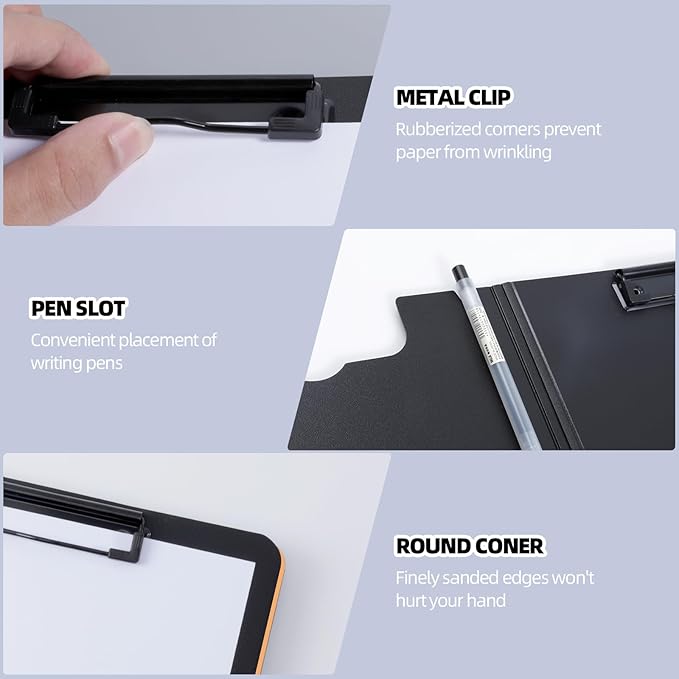 FRETONBA Clipboard Folder, 2 Pcs A4 Foldable Clipboard with Horizontal and Vertical Double Metal Clips, 360 Degree Foldable Binder Clipboards with Pen Holder, File Cover Work Folder Clipboards, Orange