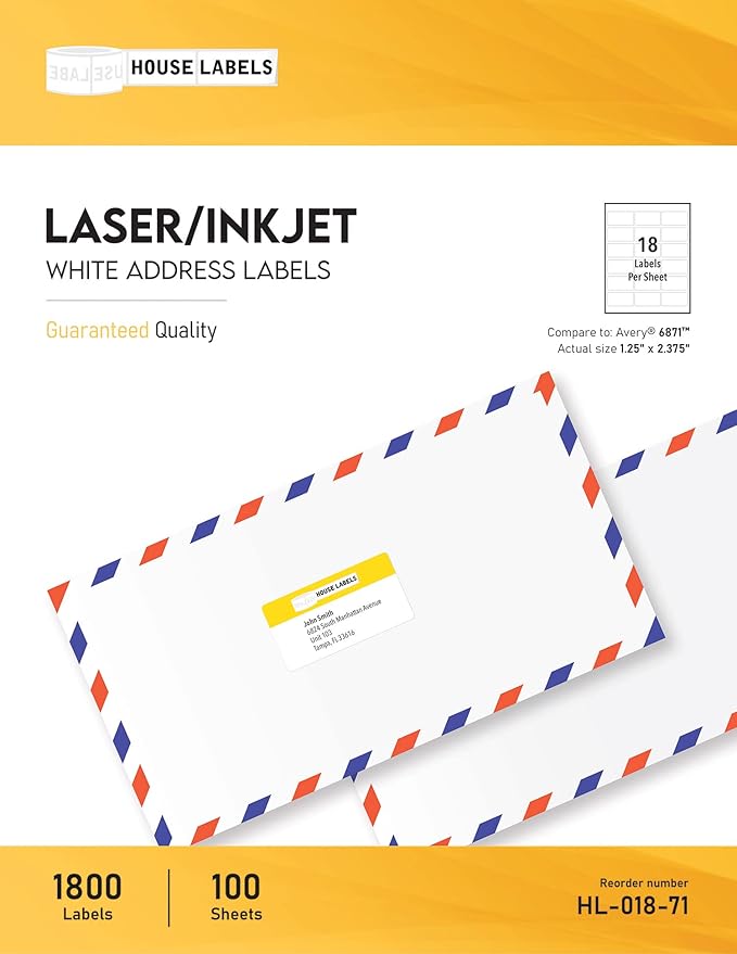 HOUSELABELS 18-up Address Labels (2-3/8" x 1-1/4") for Laser and Inkjet Printers, 200 Sheets