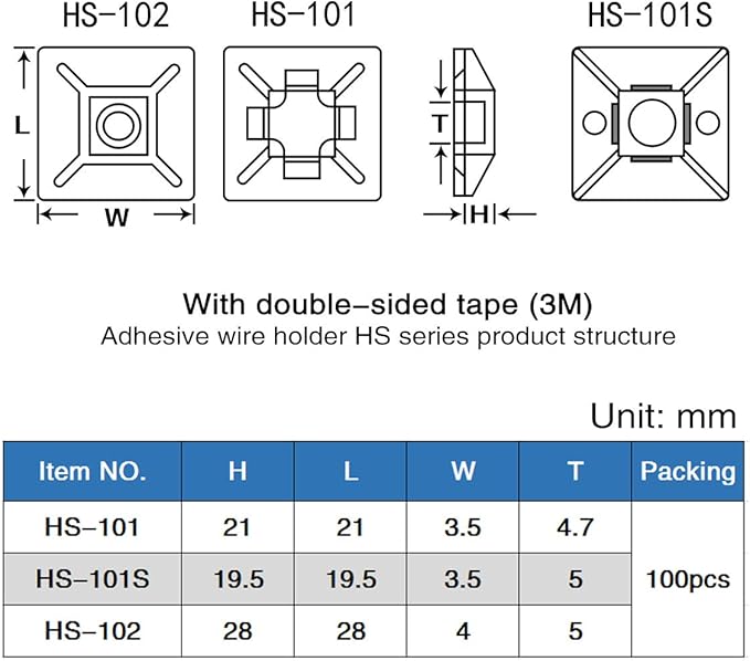 XHF 100 PCS 1.1" White Self Adhesive Cable Zip Tie Mounts Wire Cable Clips Holders Management Anchors Organizer Holders Squares(HS-102)