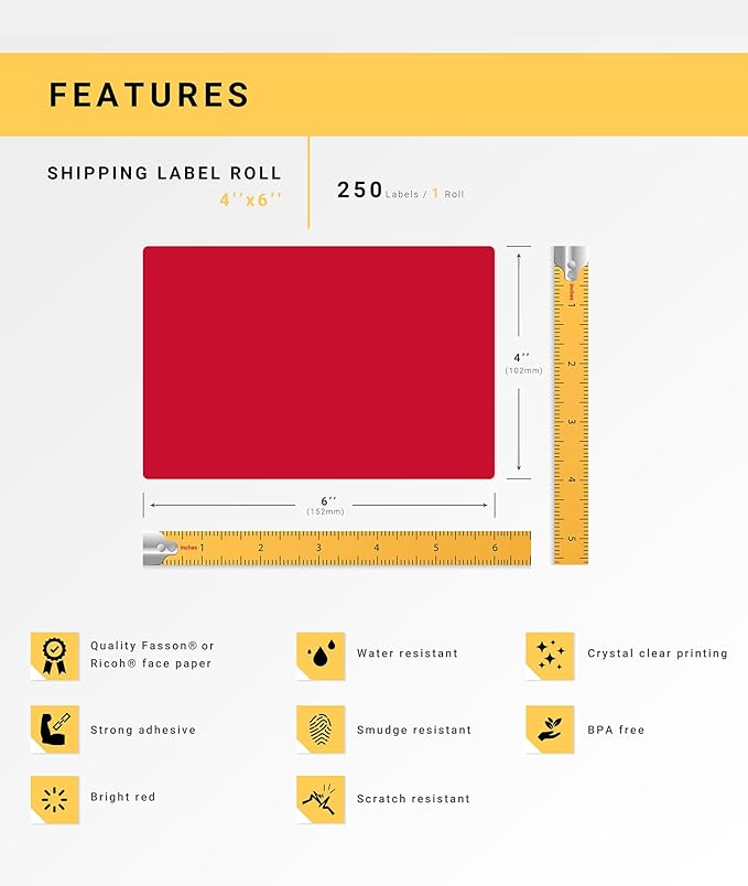 HOUSELABELS 4" x 6" Red Shipping Labels on 1" Core Compatible with Zebra and Rollo Printers, 30 Rolls / 250 Labels per Roll