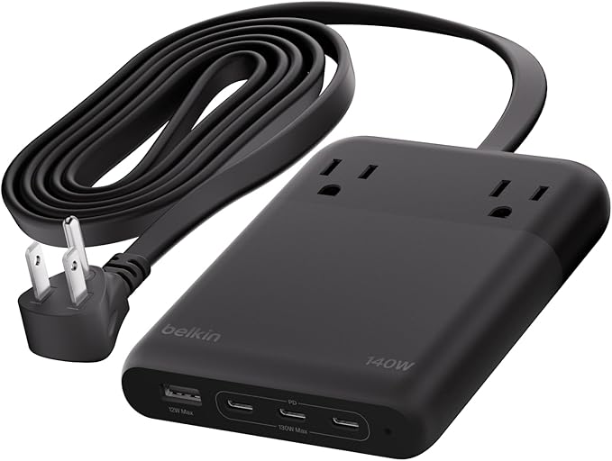 Belkin 2-Outlet GaN Charging Station 140W, USB C Charger w/ 2X AC Outlets, 3X USB C Ports, and 1x USB A Port - Power Strip for iPhone, Apple Watch, iPad, MacBook, Chromebook, Galaxy, Pixel, & More